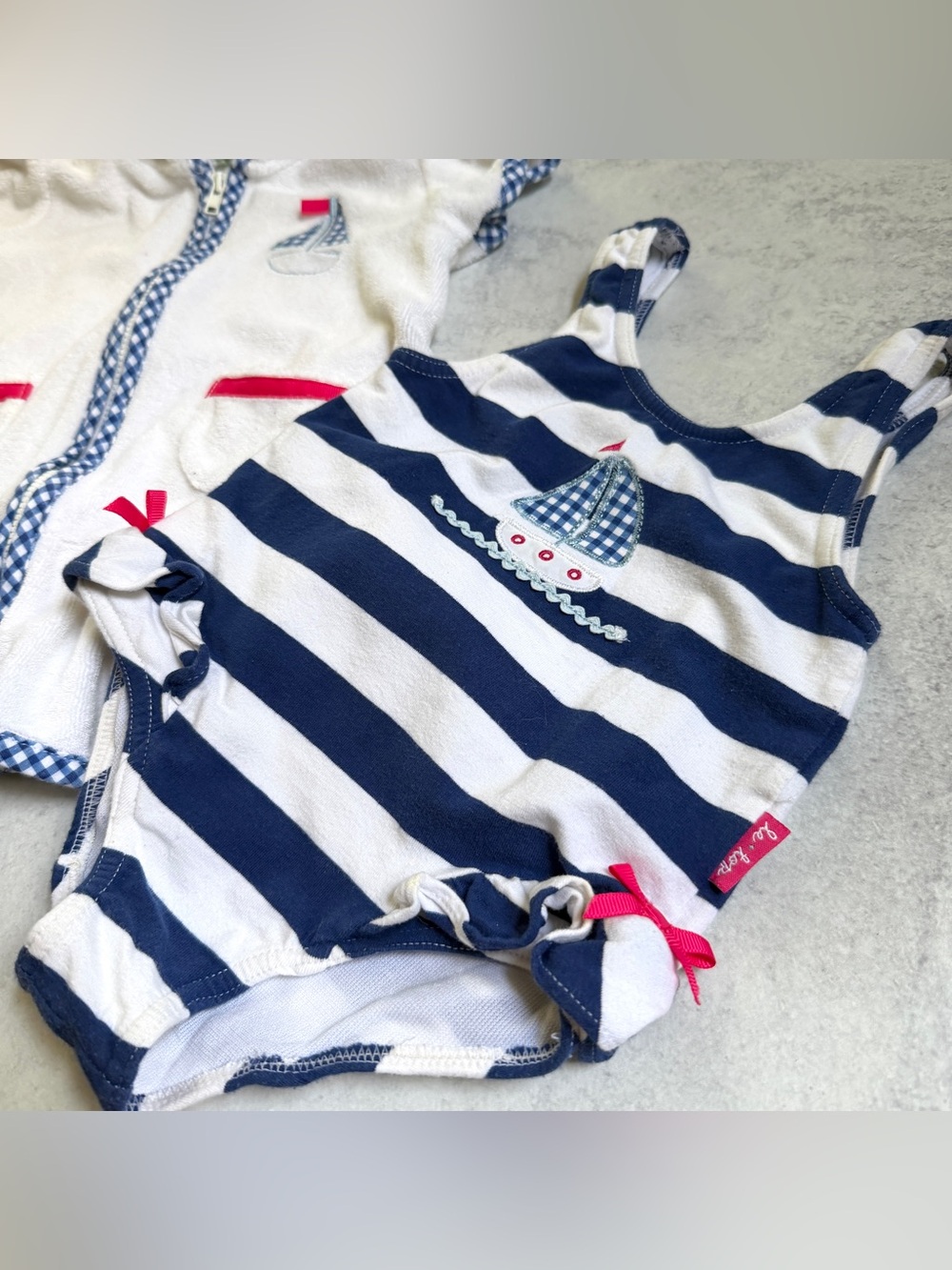 18M⚓️ Le Top Nautical Gingham Sailboat Stripe Swimsuit & Matching Terry Coverup